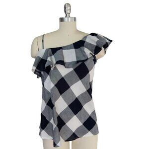 Beach Lunch Lounge Ruffle One Shoulder Top Size S NWT Gingham Kismet Blue White